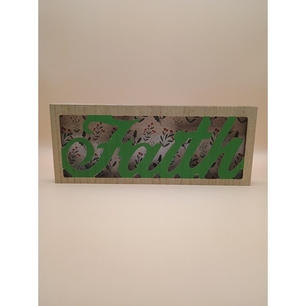 Faith Wooden Sign Green Script Floral Holly Berry Background Decor Plaque 12in